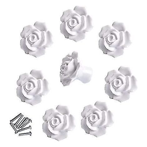 Set aus 8 eleganten, weißen, rosenförmigen Keramikgriffen für Möbel und Schubladen.