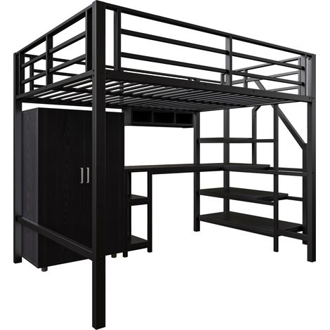 Hochbett 140 x 200 cm aus Metall und MDF mit Schreibtisch, Schrank und Regalen, Schwarz (1/5)