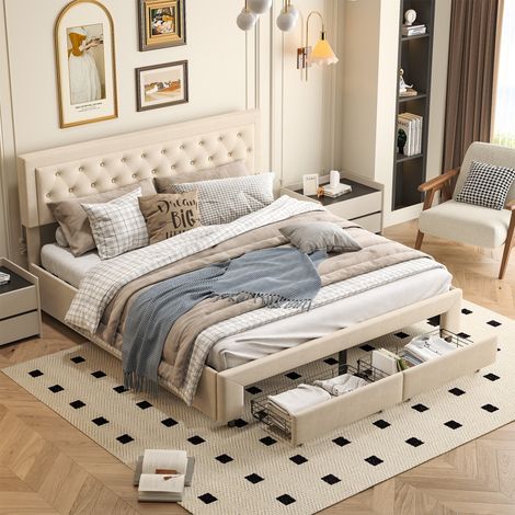 Camas con canapé abatible 180x200 - 2 cajones a los pies de la cama, cabecero acolchado con ribete de rombos - somier de láminas,terciopelo - Beige