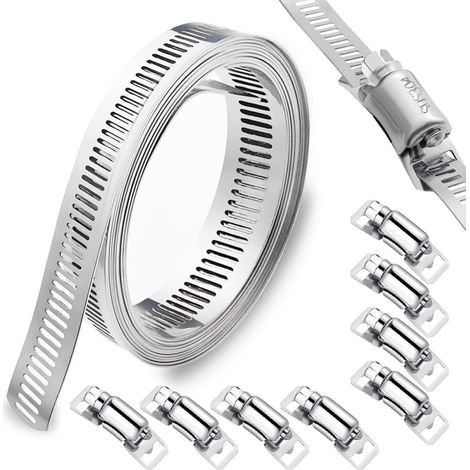 Kit de Colliers de Serrage DIY Inox 304, 3.5m Bande Perforée en Métal + 8 Pièces Fixation, Réglable, pour Tuyaux, Gaz, Eau, Voiture, Machine à Laver, Jardin