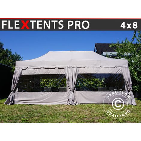 Pop up gazebo FleXtents PRO "Peaked" 4x8 m Latte, incl. 6 sidewalls and 6 decorative curtains (1/2)