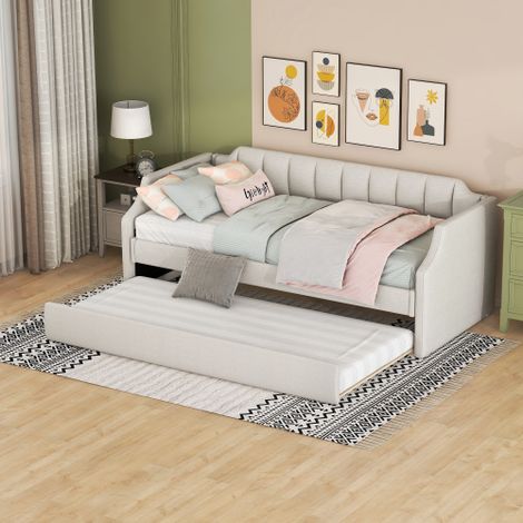 Okwish – Lit gigogne 90x190 cm – Lit enfant avec dossiers et accoudoirs – Lin beige – Matelas non inclus – Assemblage facile (1/5)