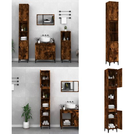 Armoire de bain chêne fumé 30x30x190 cm bois d'ingénierie - Meuble De Salle De Bain - Armoire De Salle De Bain - Rangement Salle De Bain - Commode Salle De Bain - Armoire Rangement - Home & Living