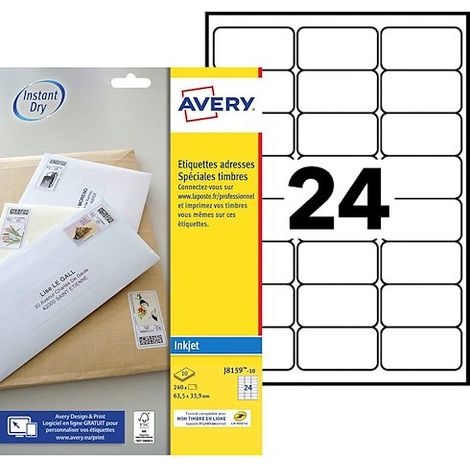 Etiquette timbre 63,5 x 33,9 mm jet d'encre Avery J8159-10 blanche - Boîte de 240 (1/3)