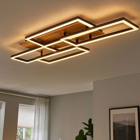 Plafonnier LED Télécommande Plafonnier dimmable Salon aspect bois, CCT Timer, métal noir, 40W 2700Lm blanc chaud froid, LxLxH 87,5x32,5x7,5