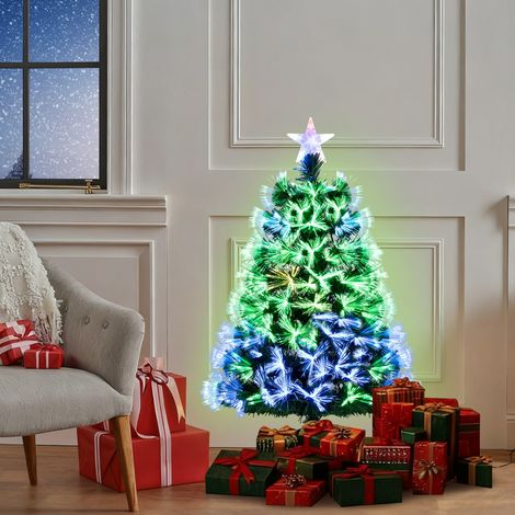 Sapin de Noël à Fibre Optique 95 CM Sapin Artificiel Pré-éclairé avec 93 Branches Étoile de Sommet & Pied Métallique Pliable Vert (1/2)