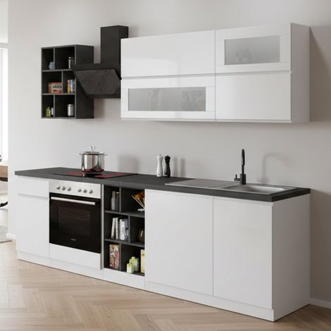 Dmora - Cucina completa Fonti, Set con dispensa, Mobile per cucinotto, Kit blocco lineare, 100% Made in Italy, 255x60h85 cm, Bianco lucido e Ardesia