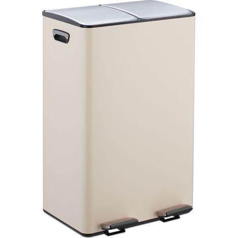 Relaxdays Kitchen Bin, 2 Compartments, 30 Litres Each, Removable Buckets, Foot Pedal, Recycling Dustbin, Beige/Silver