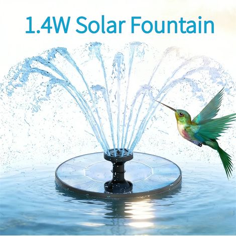 Fontaine solaire neuve (1,4 W) avec pompe à eau pour bain d'oiseaux d'extérieur (1 W/1,4 W/1,5 W/2,5 W/3,5 W), équipée de plusieurs buses et adaptée aux piscines. (1/5)