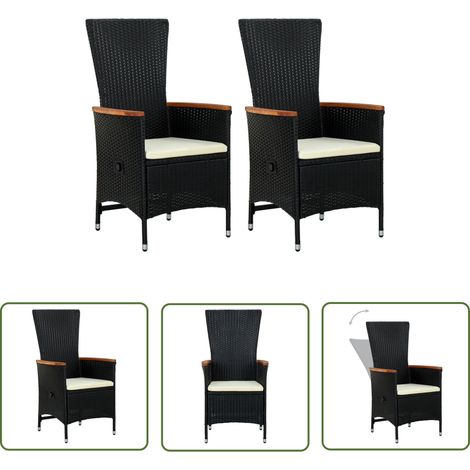 The Living Store Chaises d'extérieur lot de 2 avec coussins Résine tressée Noir - Fauteuil Jardin - Chaise Jardin - Mobilier Jardin - Chaise Relax - Chaise Inclinable (1/5)