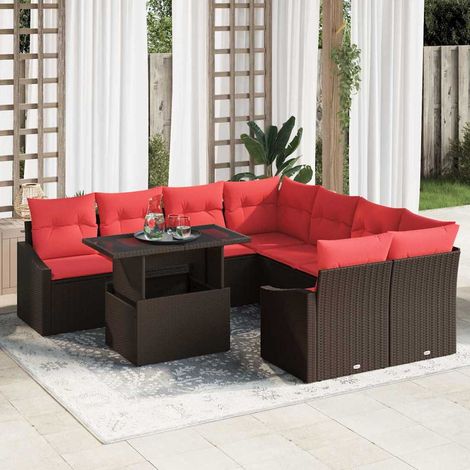 vidaXL Ensemble de canapé de jardin 9 pc Marron et rouge polyrotin (1/5)