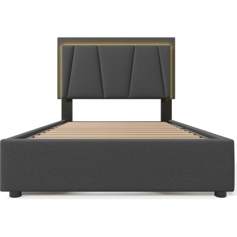 Letto imbottito 90x200 cm con LED, 2 cassetti, testiera regolabile, grigio, HOMVRA, con materasso (1/5)