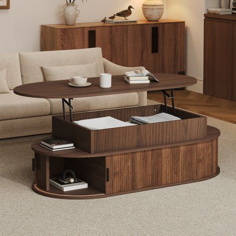 100x50 cm Relevable à 55 cm Table Basse Ovale pour Travailler et Manger au Salon en Bois MDF Effet Noyer (1/5)