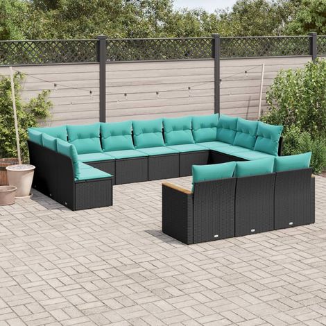 13-teiliges Gartensofa-Set mit Kissen, schwarzes Polyrattan (1/5)