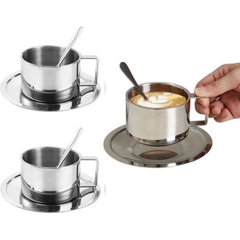 2er-Set Kaffeetassen – Europäischer Edelstahl 304 in Hotelqualität – Kreativer doppelwandiger Isolierbecher mit Untertasse und Löffel – 3-teiliges Set für Espresso und Milch (1/5)