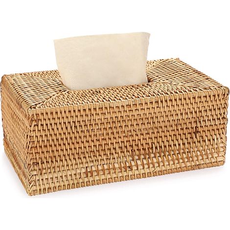 Caja rectangular de pañuelos de ratán amarillo, organizador de papel para sala de estar, jardín y baño.