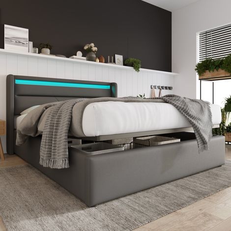 DESVIAE Lit coffre hydraulique rembourré 160 x 200 cm avec tête de lit LED télécommande espace de rangement simili cuir gris blanc cadre de lit double (1/5)