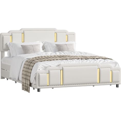 Letto matrimoniale imbottito 140 x 200 cm in velluto beige con cassetti, luci LED e dettagli dorati (1/5)