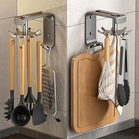 Lot de 2 porte-ustensiles de cuisine en métal avec 8 crochets, rotation à 360 °, organisateur de cuisine pour cuisine/salle de bain, gris (1/5)