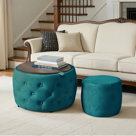 Set 2 pouf contenitore impilabili in velluto blu con piano in legno 58 x 58 x 38 cm DESVIAE (1/5)