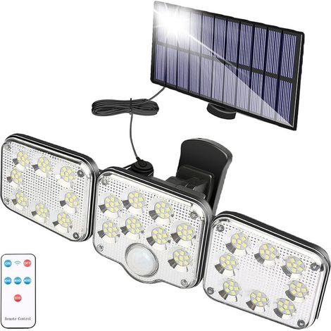 Projecteur solaire extérieur à détecteur de mouvement 130 LED, 1300 lumens, lampe de jardin solaire, câble de 5 m, spot mural LED avec télécommande, étanche IP65 (1/4)