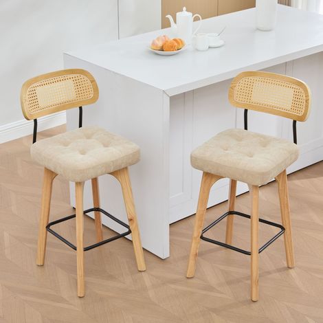 Set de 2 tabourets de bar pivotants 360°, tabourets cuisine et bar avec dossier, dossier en rotin et assise rembourrée, style mid-century moderne, kaki, chenille (1/5)