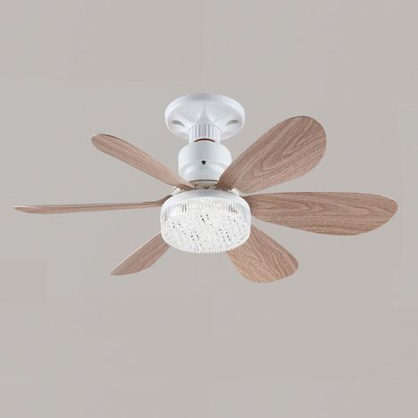 Ortviai Ventilateur de plafond avec lampe LED 52 cm, 6 pales bois & abat-jour cristal, télécommande, dimmable 3000K-6500K (1/5)