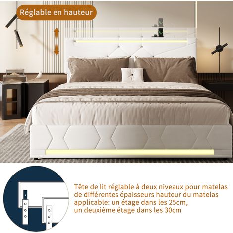 Lit double 140x200cm, lit 140x200 avec rangement, Sommier Inclus, lit coffre avec port USB et LED, Chambre moderne, Beige, lin