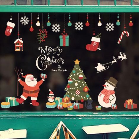 Décoration murale autocollante pour fenêtre, motif Père Noël et cerf des neiges, Noël (1/4)
