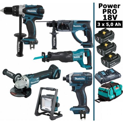 Pack Makita Power PRO 6 outils 18V: DDF458 + DHR202 + DGA504 + DTD152 + DJR186 + Projecteur + 3 batt 5Ah + sac (1/5)