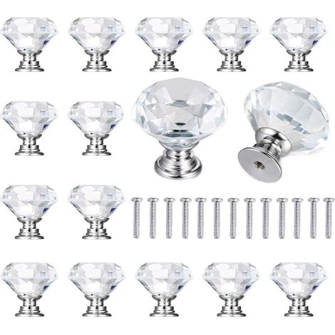 15 pezzi Pomelli per mobili a forma di diamante con viti, pomelli per cassetti e ante di armadietti, pomelli da 30 mm Pomelli trasparenti in cristallo di diamante per cassetti e ante di armadietti (tr (1/5)