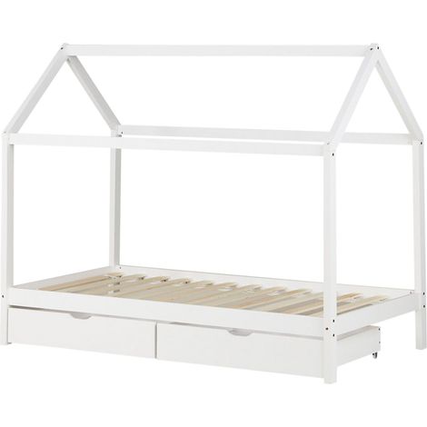 Letto a soppalco per bambini fatto in casa con rete a doghe in tessuto e cassetti portaoggetti in legno di pino bianco 90x200 cm LIT06205