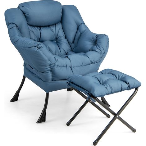 Fauteuil d'appoint bleu marine en polyester avec repose-pieds pliable, poche latérale et coussin doux pour salon, chambre et balcon (1/5)