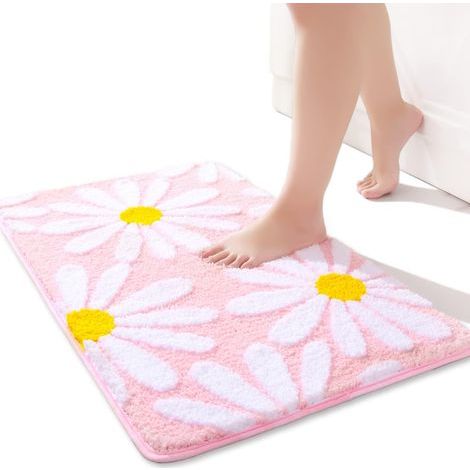 Rutschfeste Badematte fürs Badezimmer – Weiche Mikrofaser – Maschinenwaschbar – Strapazierfähig – Super saugfähig – Für Wohnzimmer und Dusche – Blumenmuster – 50 x 80 cm – Rosa (1/5)