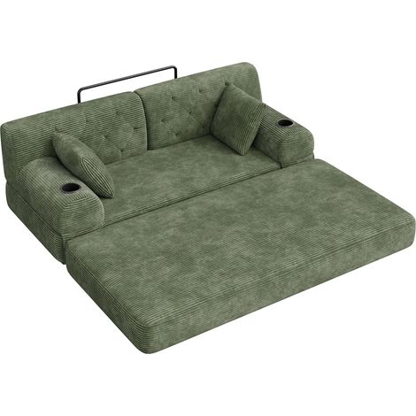 Sofá Cama 2 Plazas en pana, respaldo alto, con 4 bolsillos y 2 portavasos, Verde 168 × 80 × 81 cm (1/5)