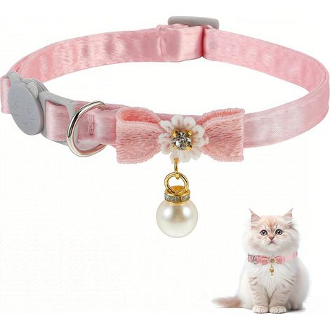 Collier pour chat détachable avec pendentif perlé, fermeture à dégagement rapide, nœud rose réglable, collier pour chaton avec décoration florale, collier pour animal de compagnie (1/5)