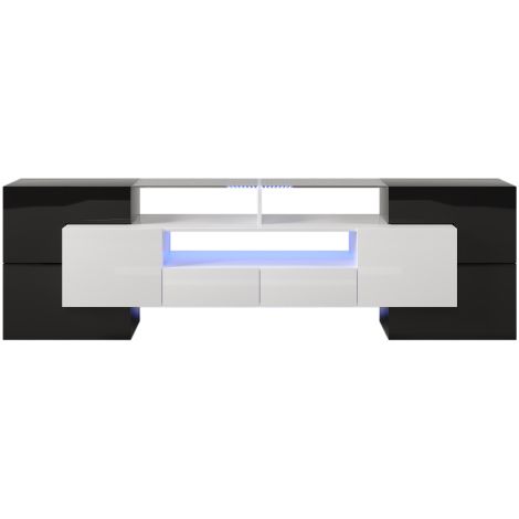 Meuble TV 200 cm blanc noir LED plateau verre design moderne