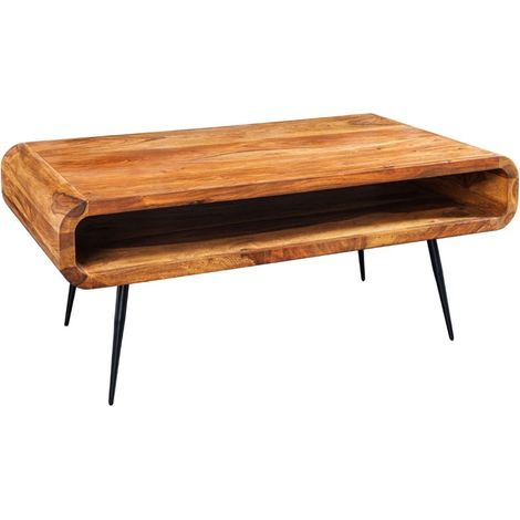 Couchtisch RETROVA 90 cm aus lackiertem Sheeshamholz mit schwarzen Metallbeinen und offenem Fach