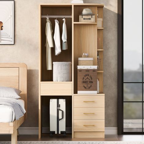 Armoire de chambre penderie 70x55x175 cm - dressing moderne avec tringle et étagères de rangement - meuble de rangement en mdf et bois - coloris bois naturel (1/5)