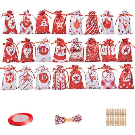 Set mit 24 wiederverwendbaren Stoffgeschenktüten mit Kordelzug für den Adventskalender C (1/5)