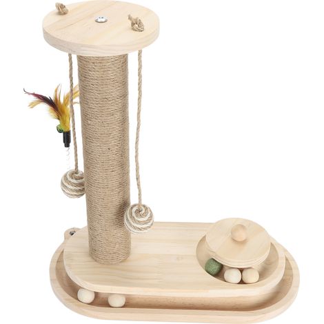 Poteau à gratter pour chat, piste de balle à 2 couches, grand grattoir interactif pour chaton avec baguette taquine pour chats d'intérieur, plateau tournant ovale (1/5)