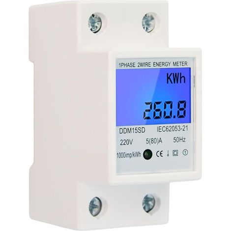 Compteur monophasé complet Flylin 5-80 A DDM15SC, écran LCD auxiliaire, 2 LED, montage sur rail DIN, installation d'un compteur concomitant (wattmètre/kWh), couvercle intégré, montage sur rail DIN 35 (1/5)