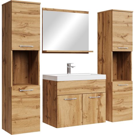 Badplaats – Ensemble de meubles de salle de bain suspendu Montreal XL 60 cm – Vasque blanche en résine – Miroir 60 x 12 cm – 2 colonnes de rangement chêne (1/5)