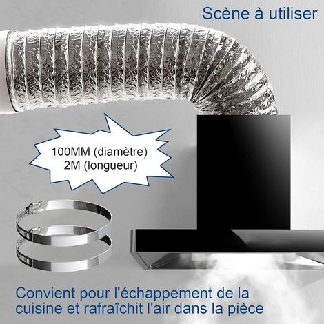 Tuyau d'Evacuation Flexible 100 mm x 2m Gaine Flexible Aluminium,Tuyau d'aération de d'evacuation d'air Résistant à la chaleur et imperméable avec 2 Colliers de 100mm Serrage en Acier (1/5)