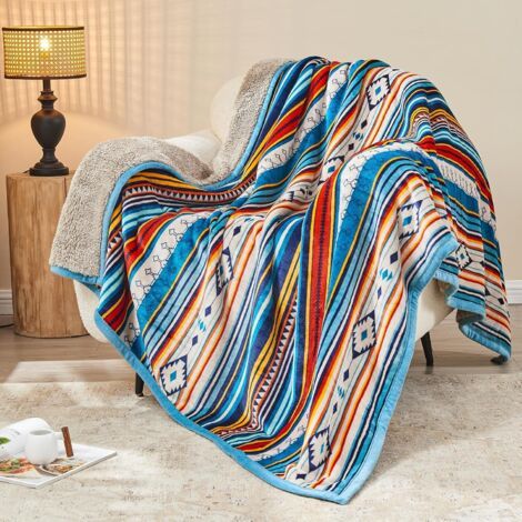 Manta polar de 125x150cm, manta de franela gruesa, suave y cómoda, mantas y plaids reversibles azules, manta de sofá Sherpa a rayas suave y acogedora (1/4)