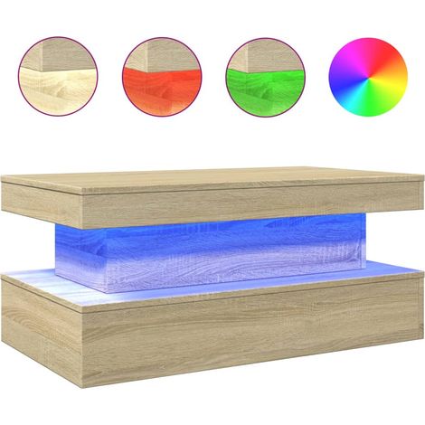 Mesa de centro de salón de diseño moderno con luces LED 90 x 50 x 40 cm madera de ingeniería color roble DEC037654
