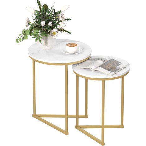 Set of Two MarbleEffect Nest of Tables White/GoldTone (1/5)