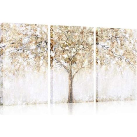 Ensemble de 3 toiles encadrées en bois, motif arbre abstrait doré, 30 x 40 cm, décoration pour salon et chambre. (1/5)