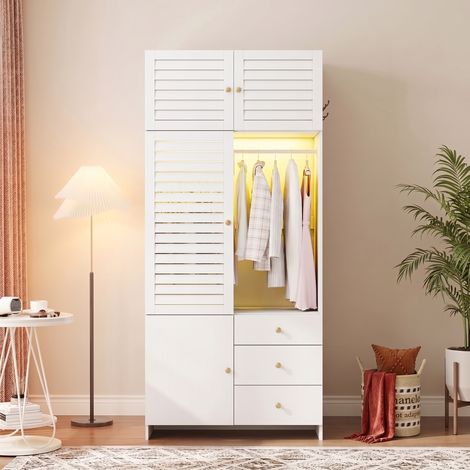 Armoire penderie à portes battantes, longueur 90 cm, panier à linge amovible, tringle avec LED, 3 tiroirs, façades à lamelles, finition blanche (1/5)
