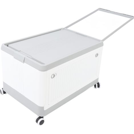 Boîte de rangement pliable avec couvercle et roulettes, empilable, en polypropylène, avec poignée, idéale pour vêtements, livres, chaussures, courses, etc. Gris et blanc, taille S. (1/5)
